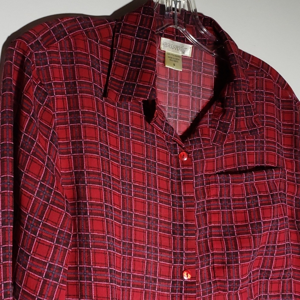Passport Sheer Plaid Red Long-sleeve Shirt Blouse , Size S.